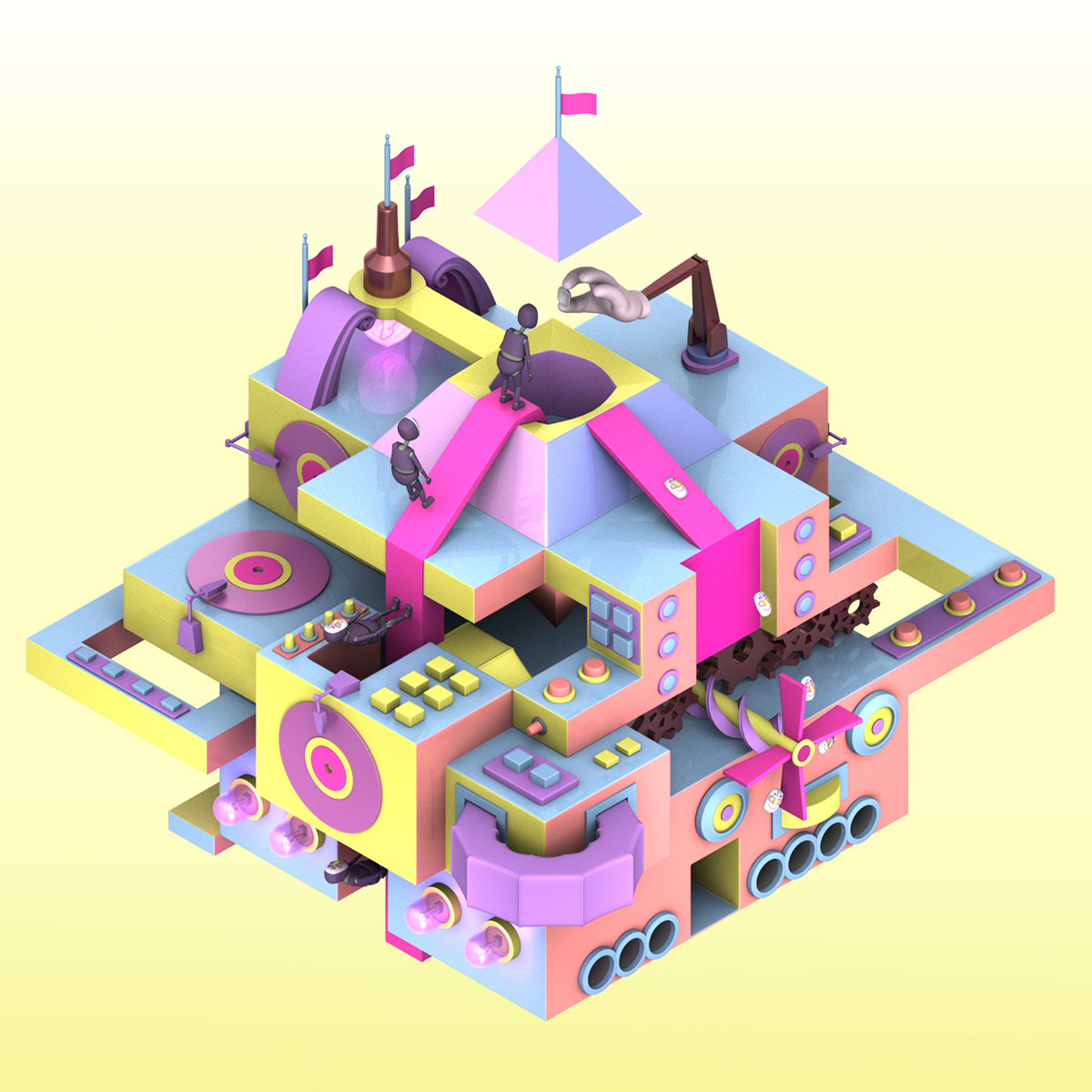 3D orthographic Isometric MusicBox box Render mask life birth death cycle