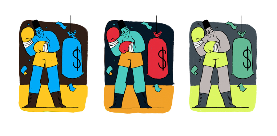 Editorial Illustration ILLUSTRATION  textures Character design  Boxer money bag punch