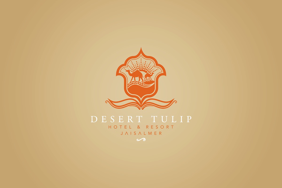 Rajasthan desert floral motif tulip Hotel Logo Camel icons arches Luxury brands Hospitality india graphic design Copper Orange stationery design Business Cards CD Sleeve elegant