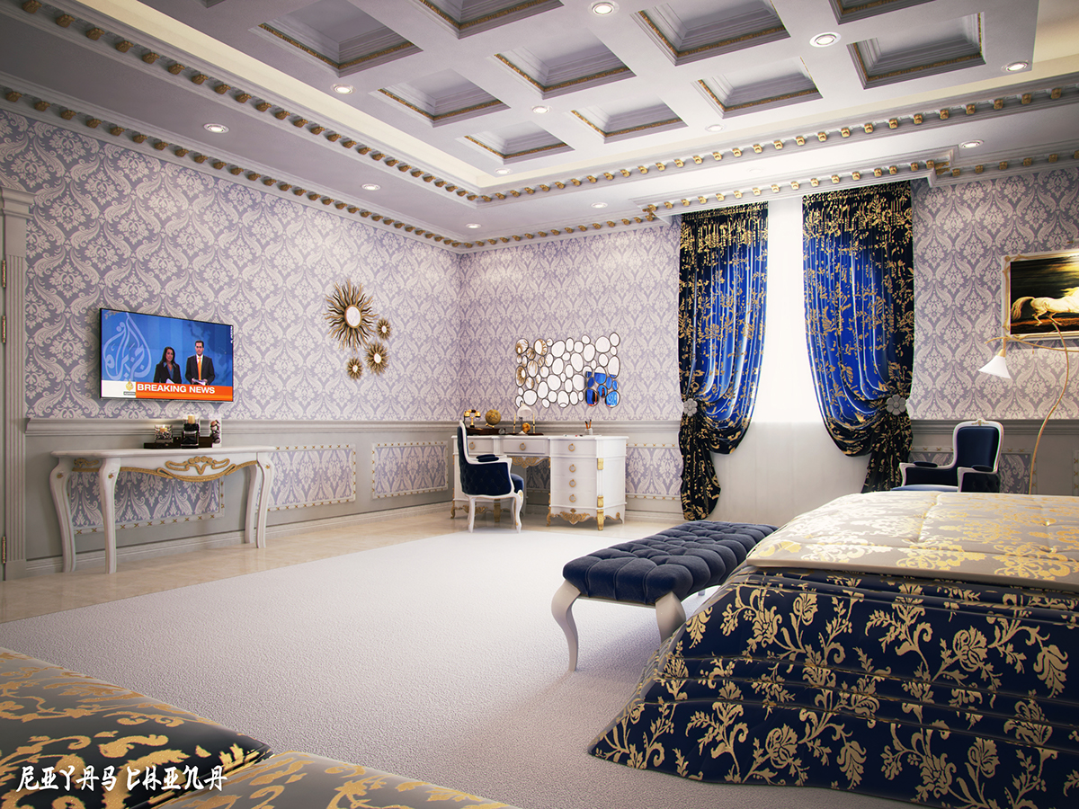 Interior design bedroom Classic luxury bed blue gold decore Villa