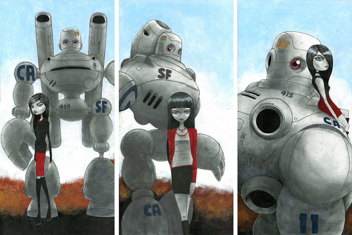 robot mech girls mixed media Scifi Character concept design art board art bot anime