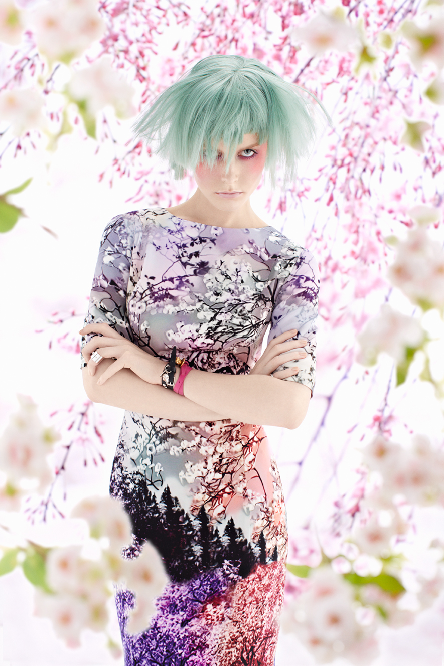 Fashion  woman Cherry Blossom Flowers Fur pinks spring summer colour retouching 