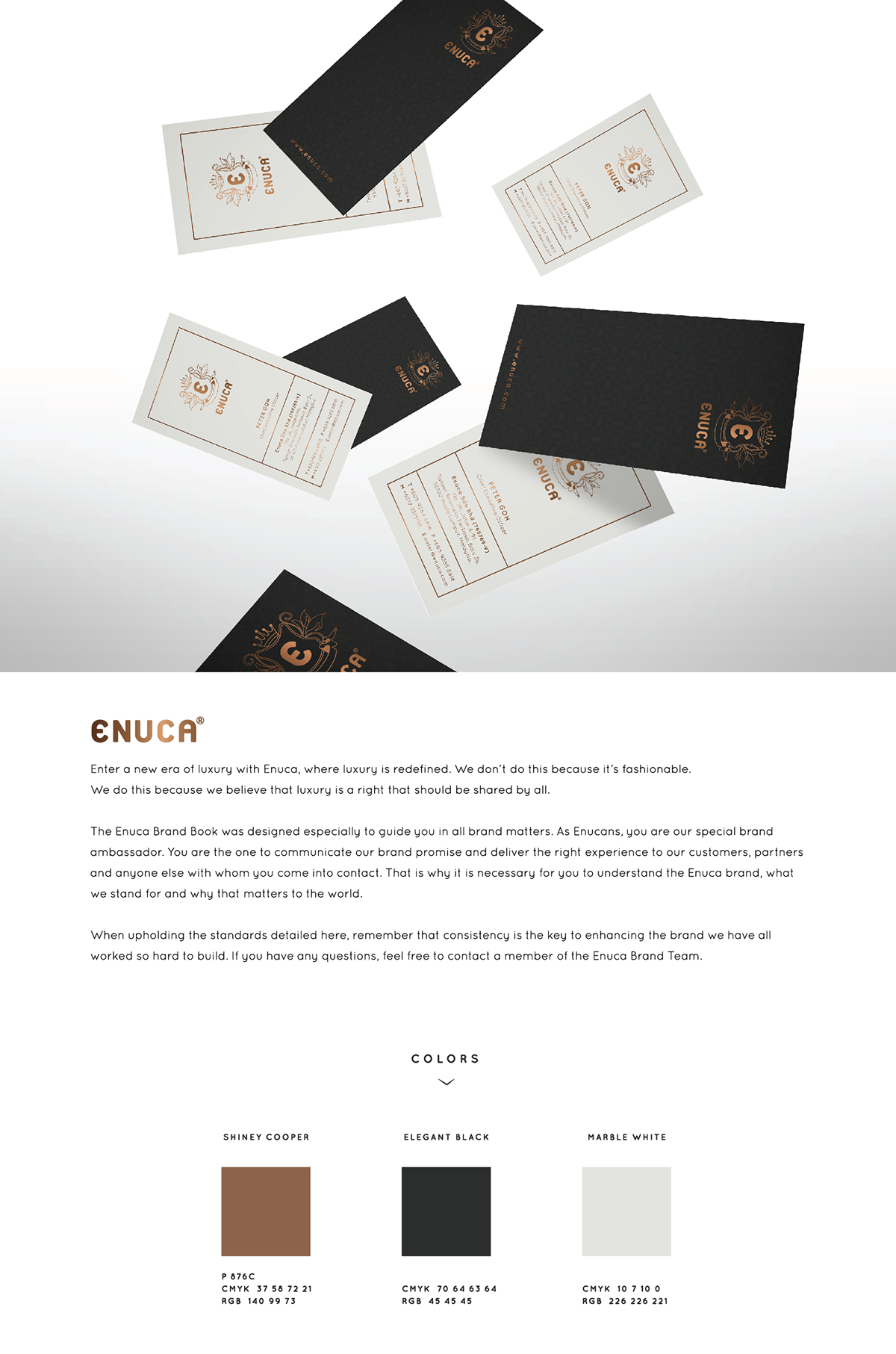 Enuca brand identity black cooper Direct Selling Company Branding CI core identity packaging design Name Card Design letterhead
