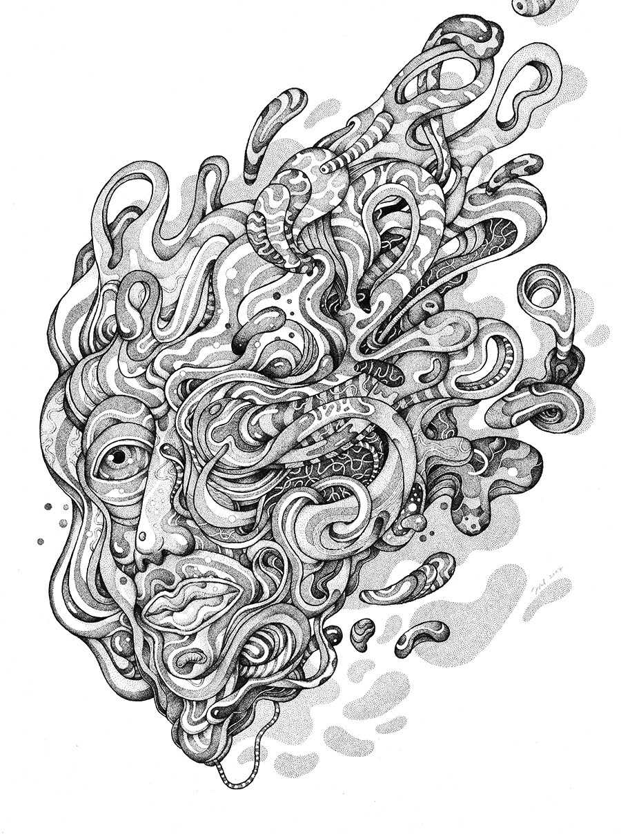 fantasy surreal face mask Drawing  brush brushpen MicronPen unipin dotwork