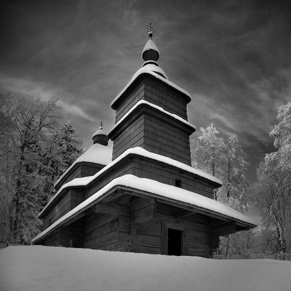 wooden church UNESCO black and white slovakia heritage snow