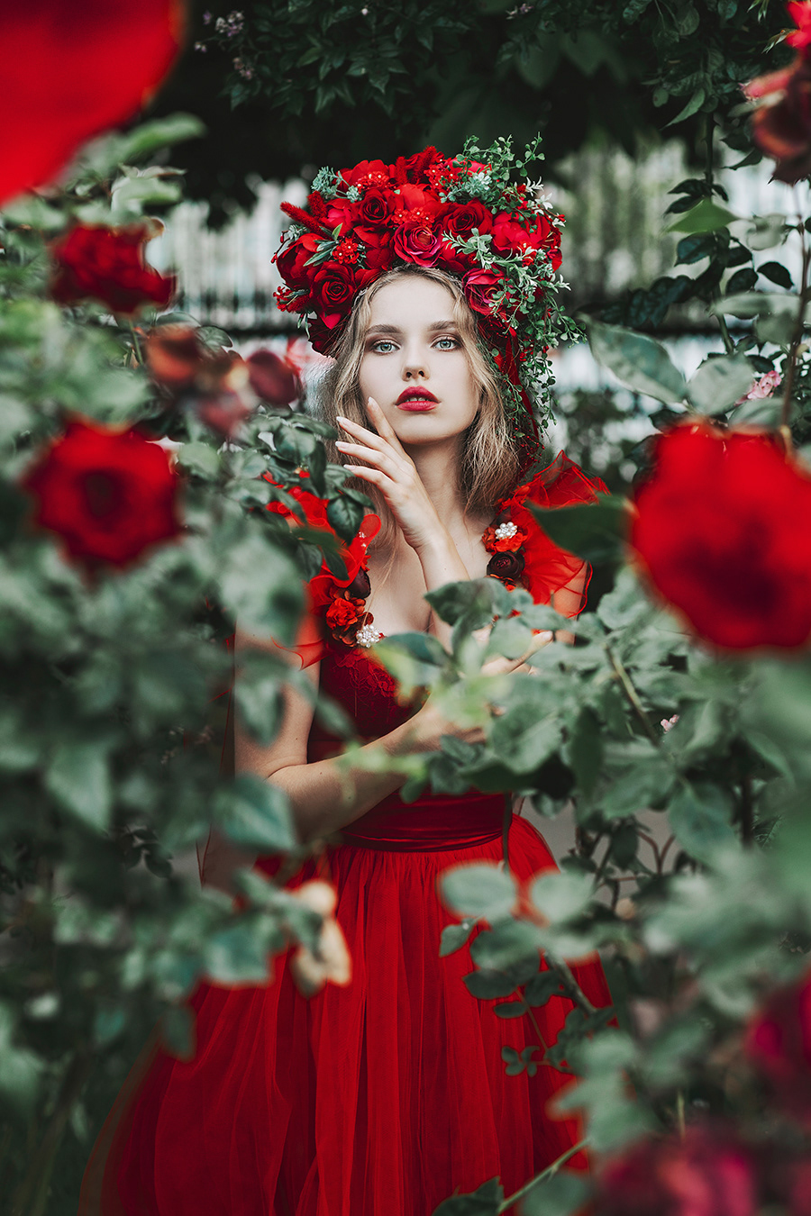 girl woman people red dreamy dress flower