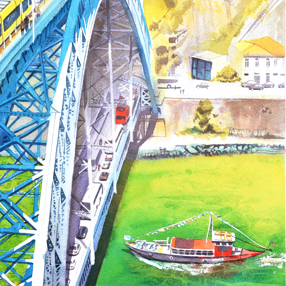 Portugal porto watercolor watercolour ship water city bridge tram Sun