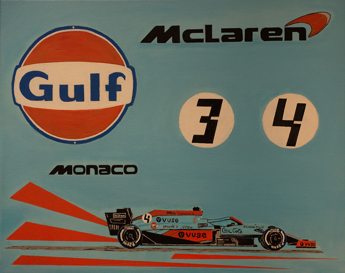 acrylic painting artwork car dessin Formula 1 gulf McLaren peinture Racing