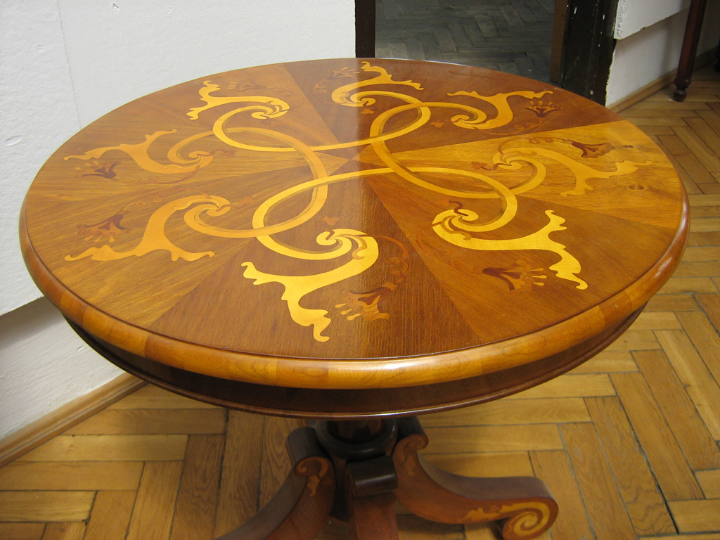 table stylised furniture wood inlaid