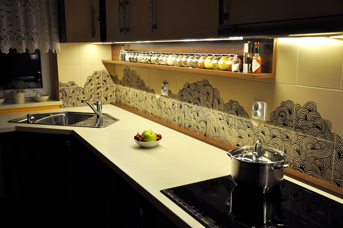 design pattern interiors DIY handmade floral kitchen tiles