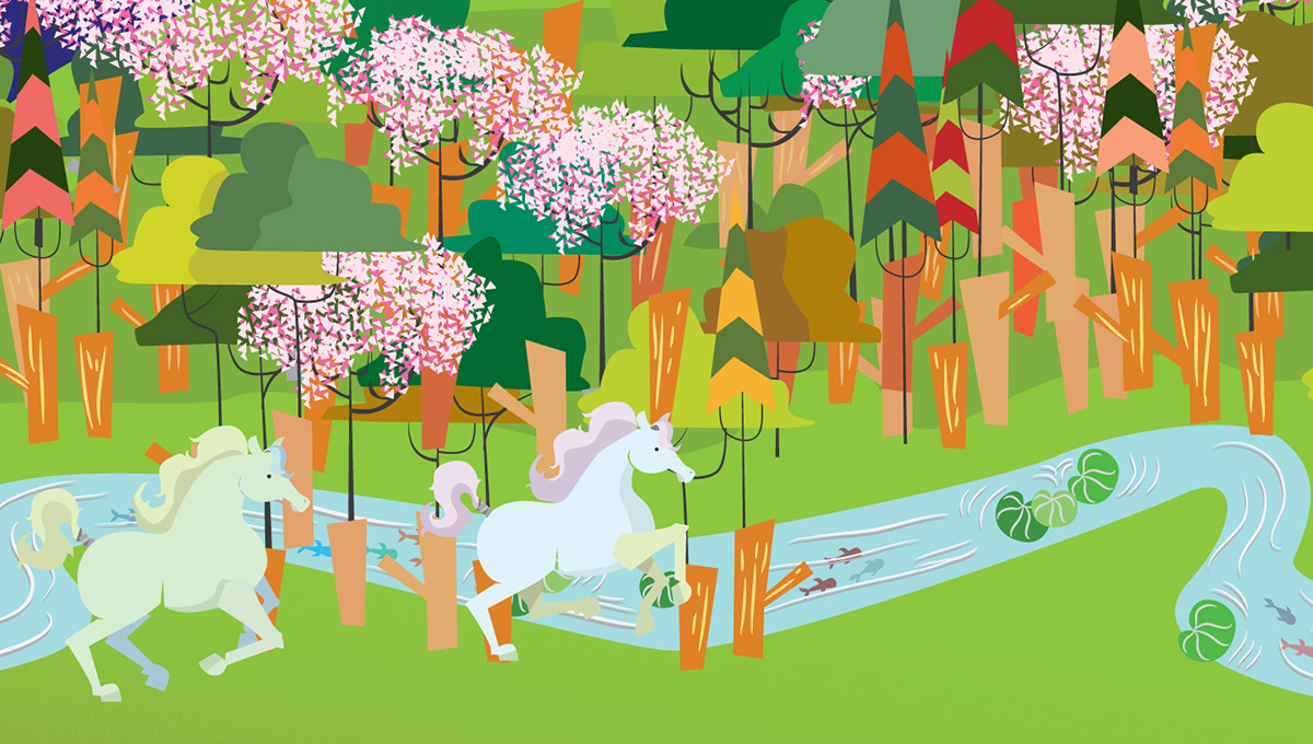 Nature town horse trees colors stars Illustrator