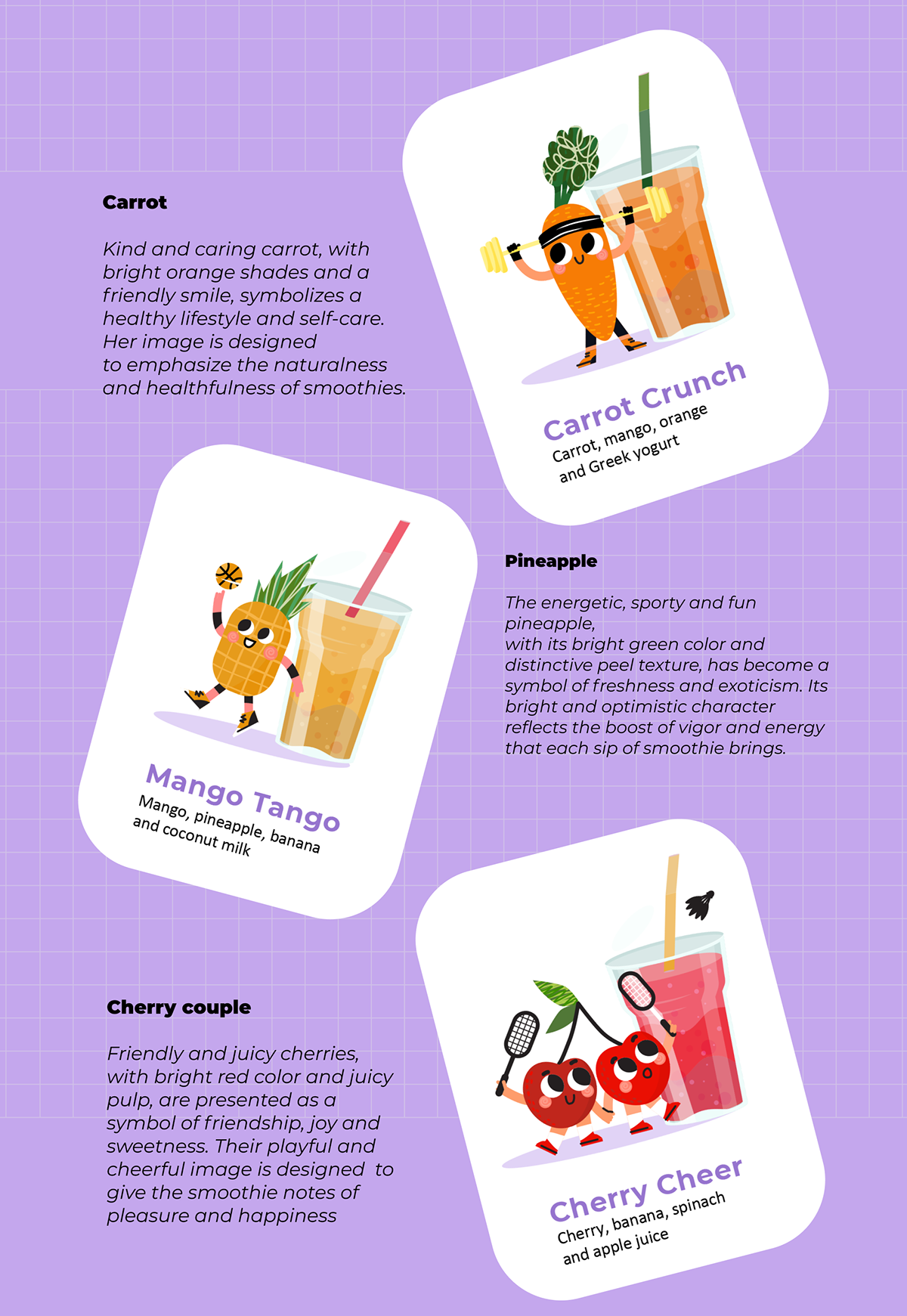 illustration of smoothie cocktails with different fruit and vegetable healthy characters