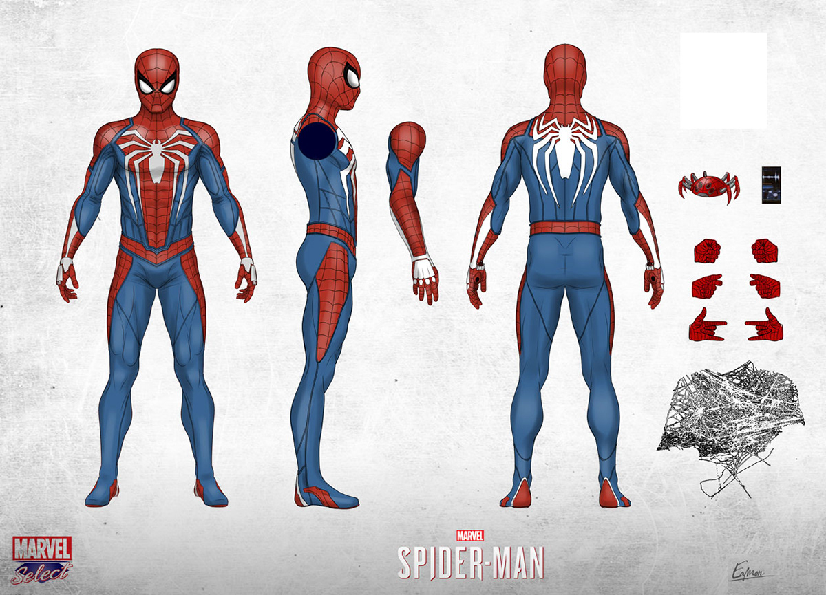 Spiderman action figure design and control art based on his Playstation 4 appearance for Diamond Sel