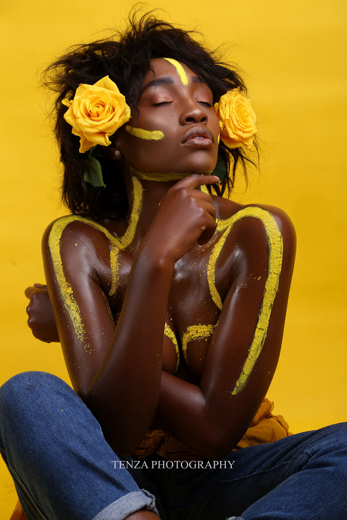 nude yellow rose Fashion  model african black smile paint