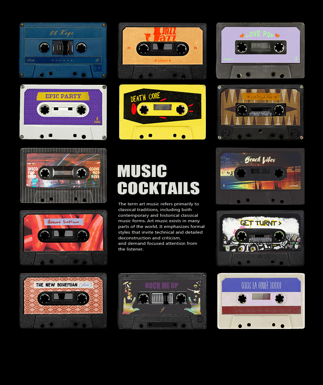 cassette playlist cocktails genres jazz metal latino pop hiphop rock disco classics folk tapes vintage