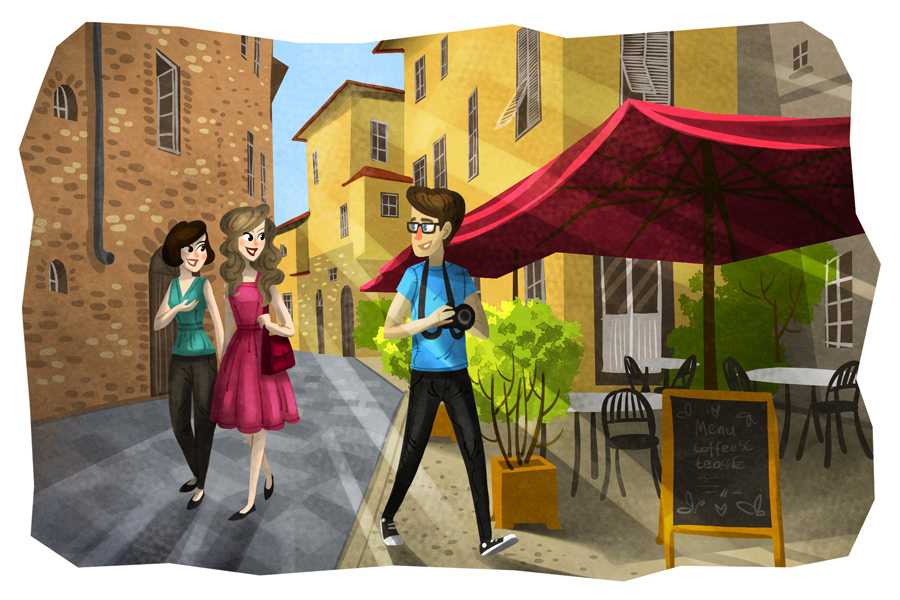 beeline english learning application software art Picture Cartoons colorful people tourists