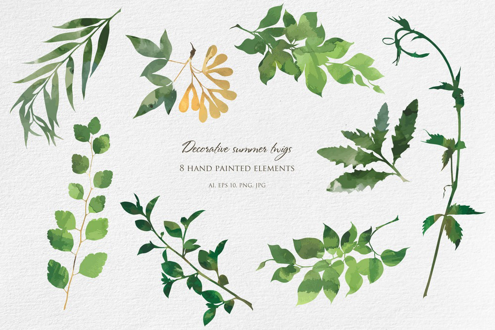 branches decorative grass green herbal leaves Silhouette vector watercolor wedding