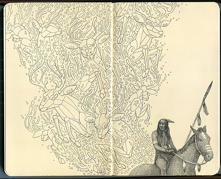 sketchbook  moleskine pen ink western cowboy aliens psychedelic