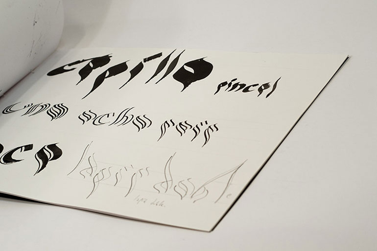 alphabet broad edge nibs glyphs DUCTUS paper callygraphy grinded ink manually bound