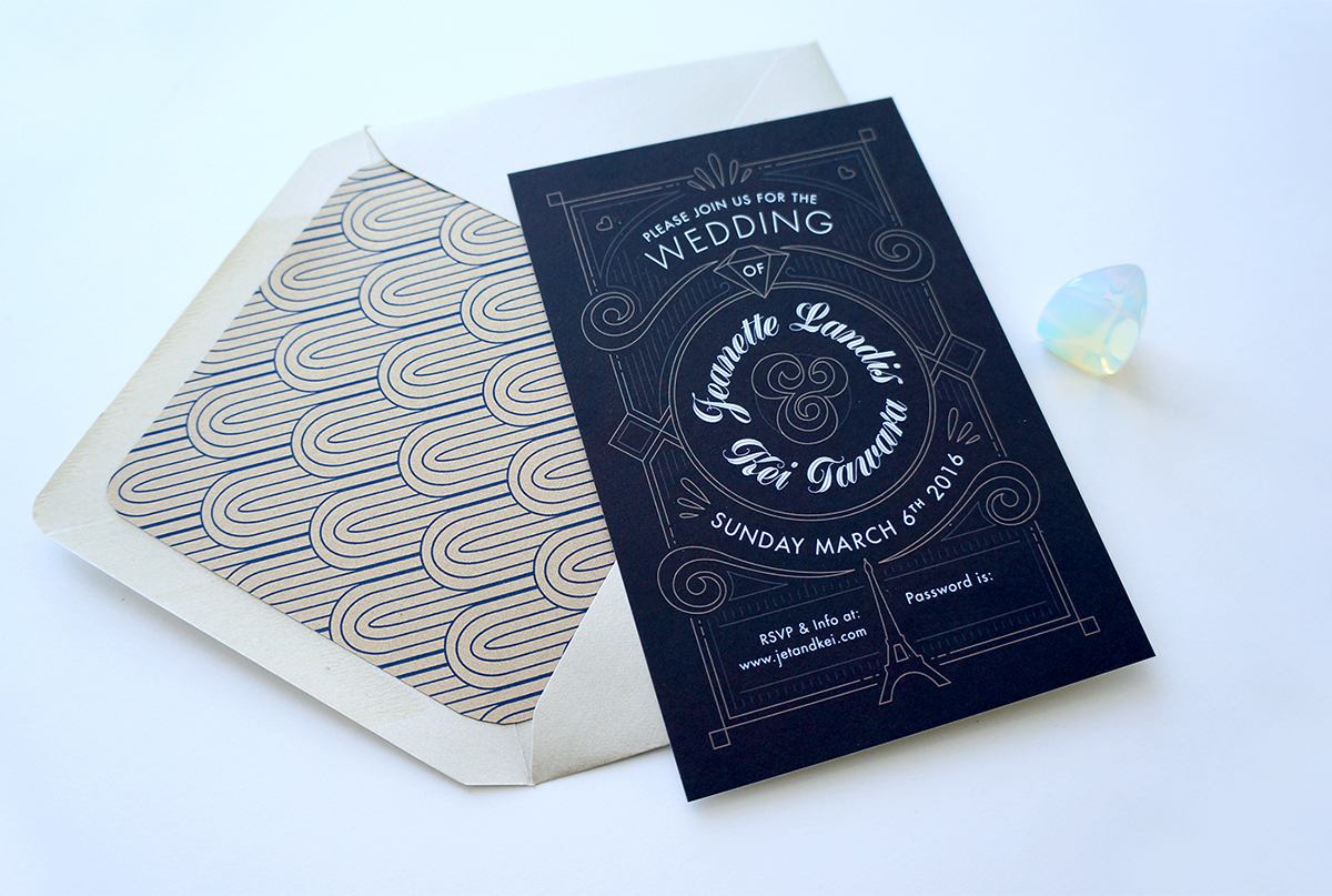 wedding invite Invitation print card mail art deco French type swirl geometric gold