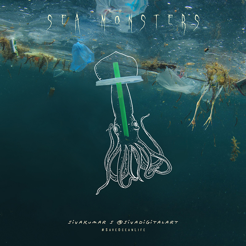 animals art Drawing  earth fish monster Ocean plastic pollution sivadigitalart