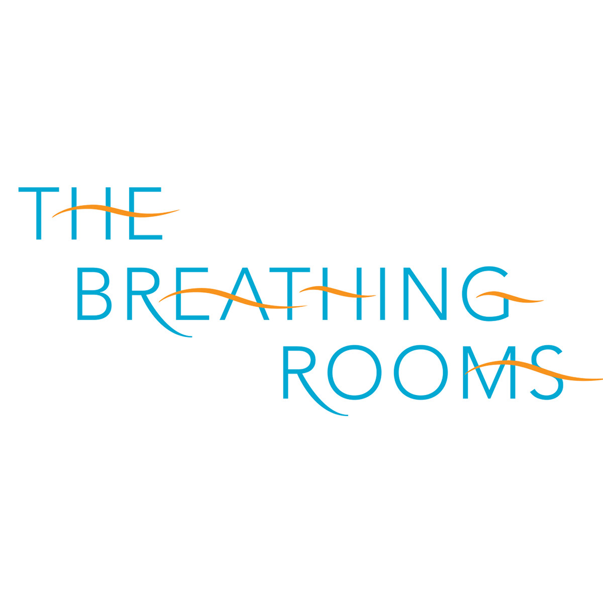A logo for The Breathing Rooms typeset in a san serif typeface in blue with orange wavy lines.