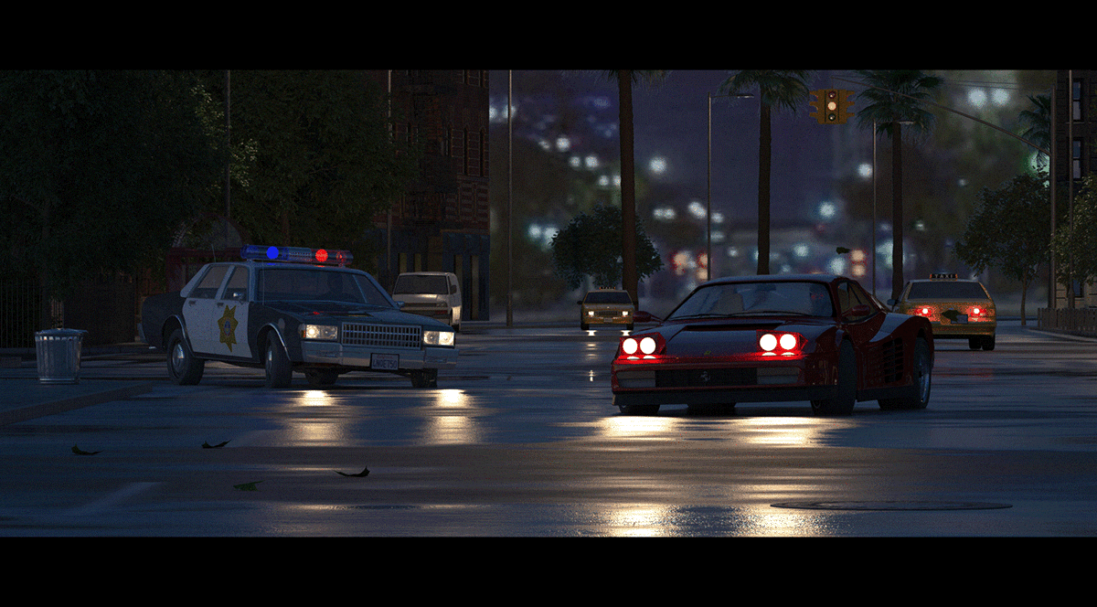 night Chase car police TESTAROSSA  FERRARI miami hollywood Retro chevrolet 80's Kavinsky drive 3D artwork