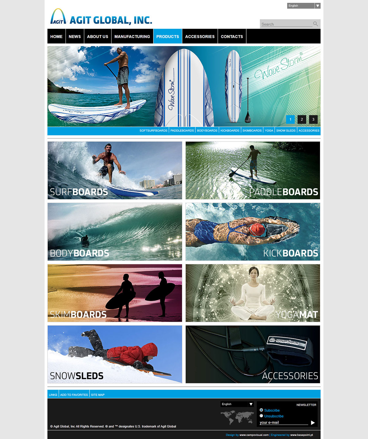 Wave Storm WaveStorm Agit Global Campo Visual Inc Surf Bodyboard Watersports brands no.6 campovisual Pedro Costa manufacturing action sports Sleds Sno-Storm Strom Blade Ozo Boards John Yeh Jarrod Gibson Webdesign Website kickboards Paddleboards sup Skimboards yoga mat Earthskin accessories