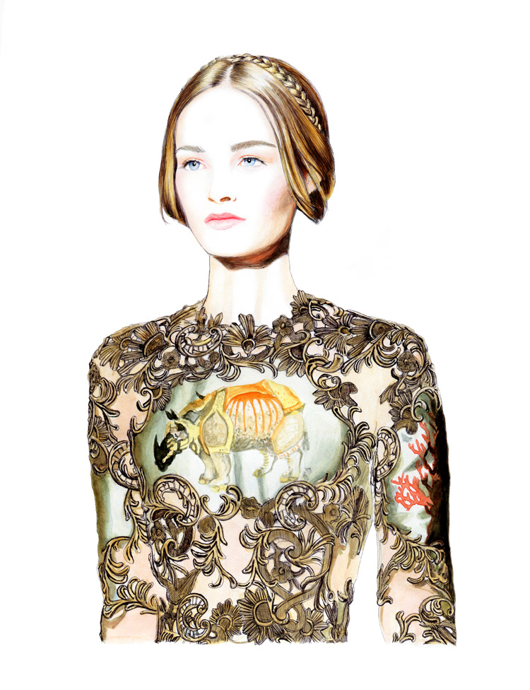 Haute couture fashion illustration ballpointpen watercolor portrait