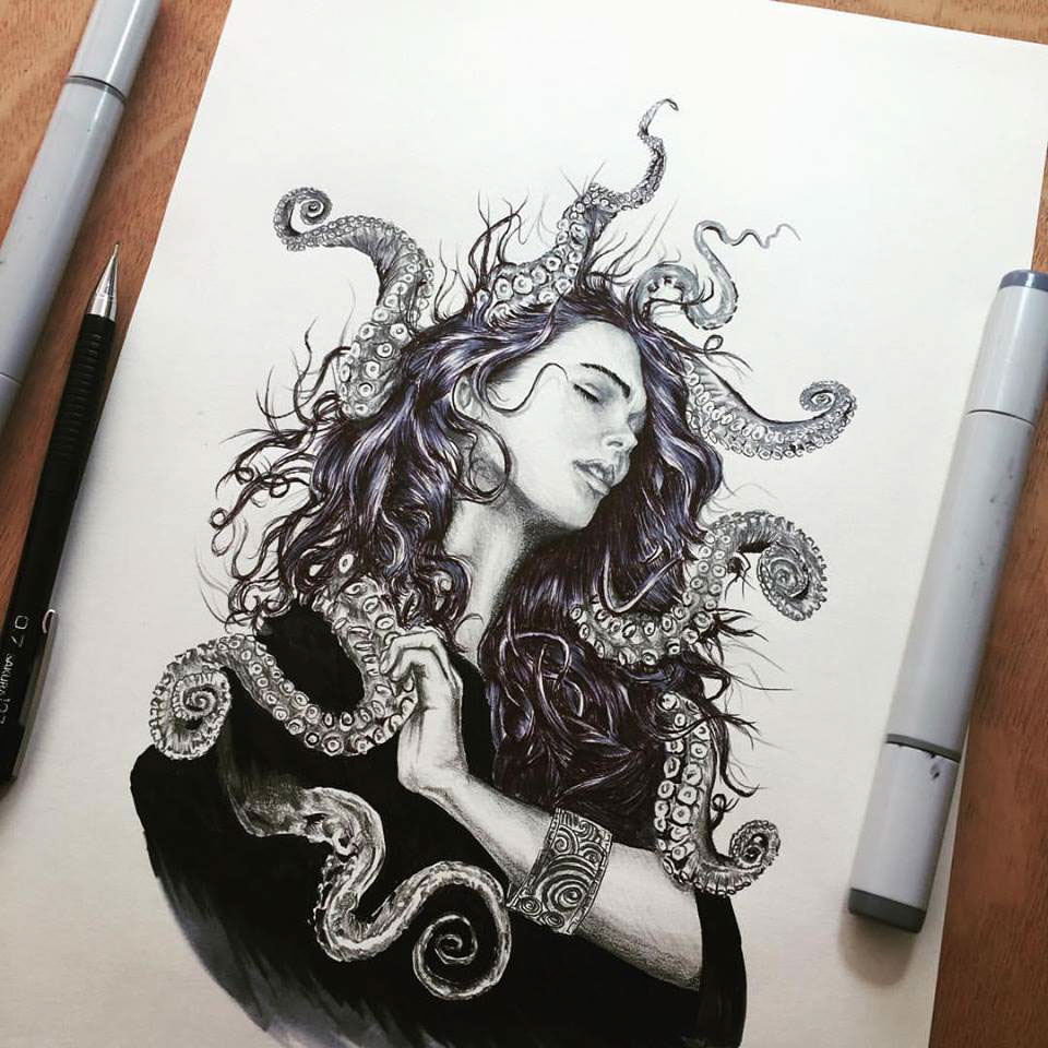 draw Drawing  sketch ILLUSTRATION  girl octopus sea tentacles sexy designspiration