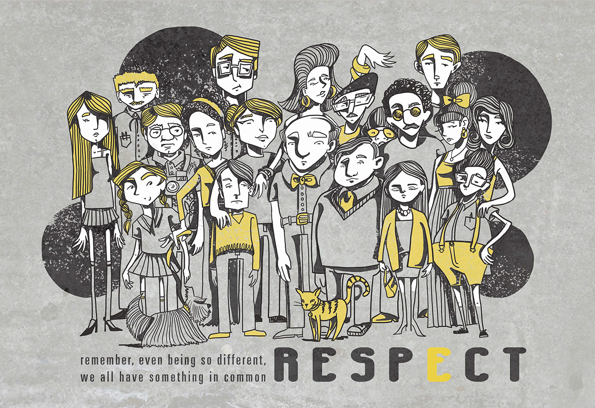 respect dog and cat Cat people cartoon poster yellow and grey concrete crowd