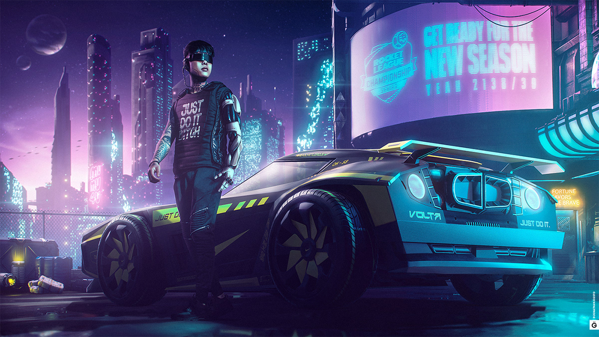 car Cyberpunk future game Gaming neon Nike pink poster robot