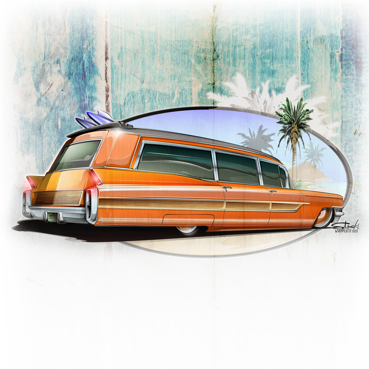 texture beach recycle re-purpose hearse transportation concept art rendering sketch car wheel surfing surf board palm Tree  sand mountain Landscape