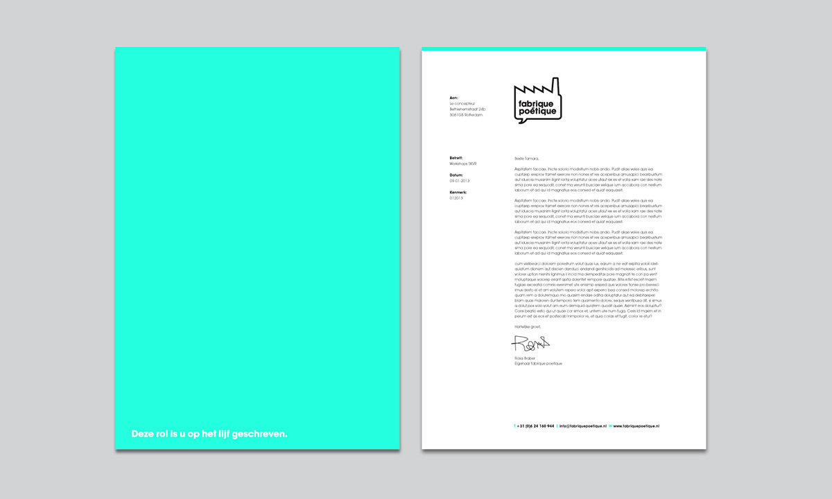 Fabrique poetique identity visual business card logo stationary clever Roll Up letterhead clean minimalistic turquoise avant garde graphic Theatre