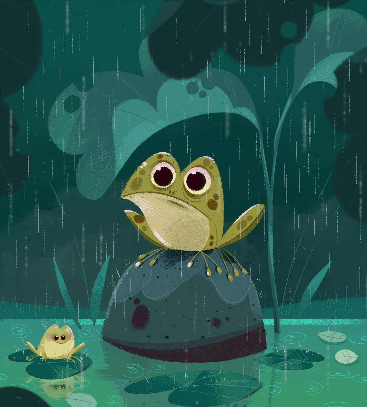 frog pond ILLUSTRATION  kids rain kidseditory Kidsbook green