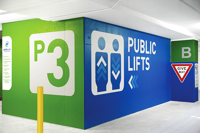 Signage wayfinding Architectural Graphics carpark environmental graphics sydney Bold Colours icons