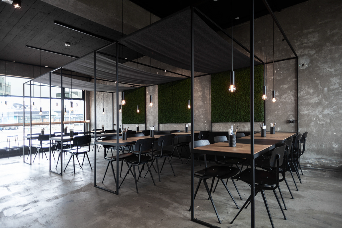 restaurant design concrete and wood larch Street Food hay industrial icelandic design interior design  kebab concrete