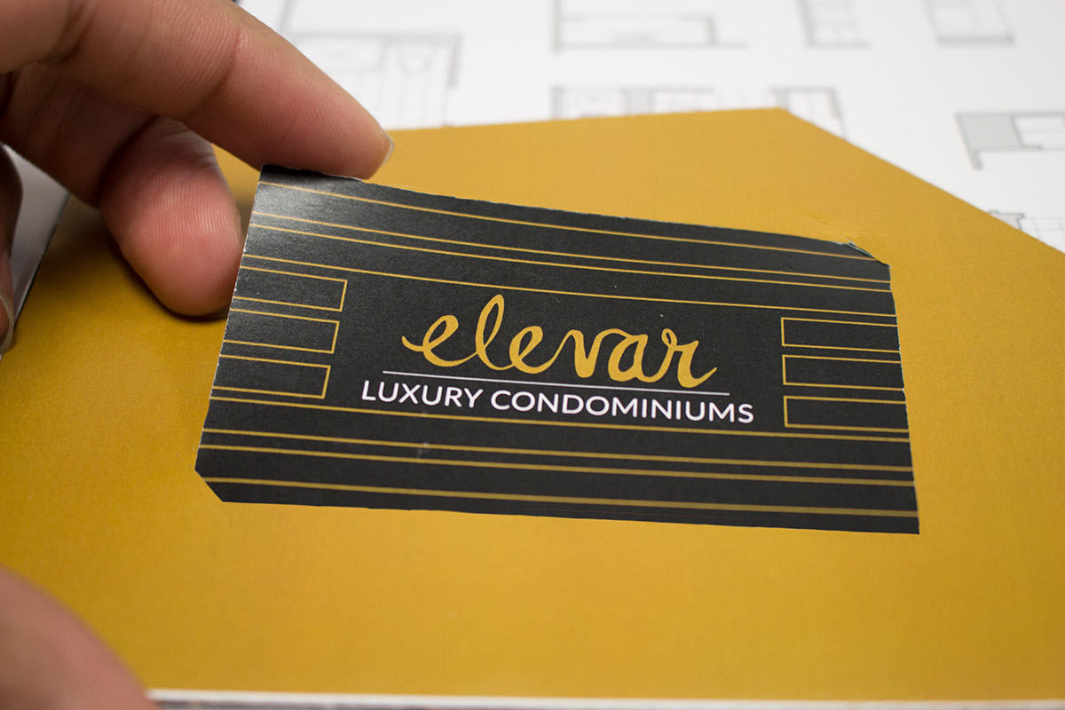 elevator Elevar gold black Condo brochure magazine spread accordian gate fold luxury hotel