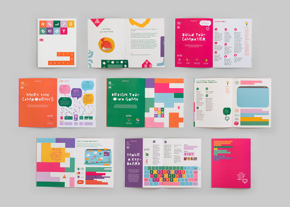 Hello Ruby Kokoro & Moi visual identity children Booklet poster envelope typo business card Playful coding