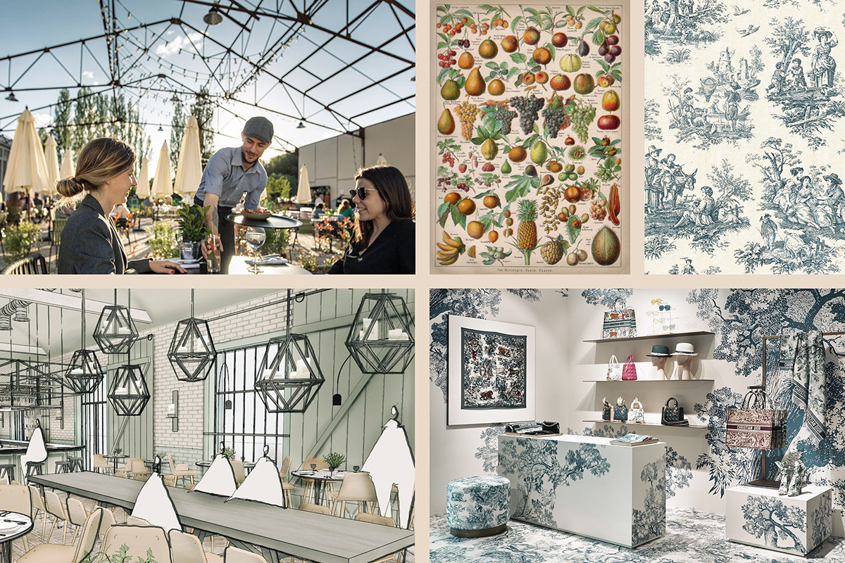 Moodboard of CRAFT Market concepts: steel roof truss, metal frames and French Toile de Jouy pattern.