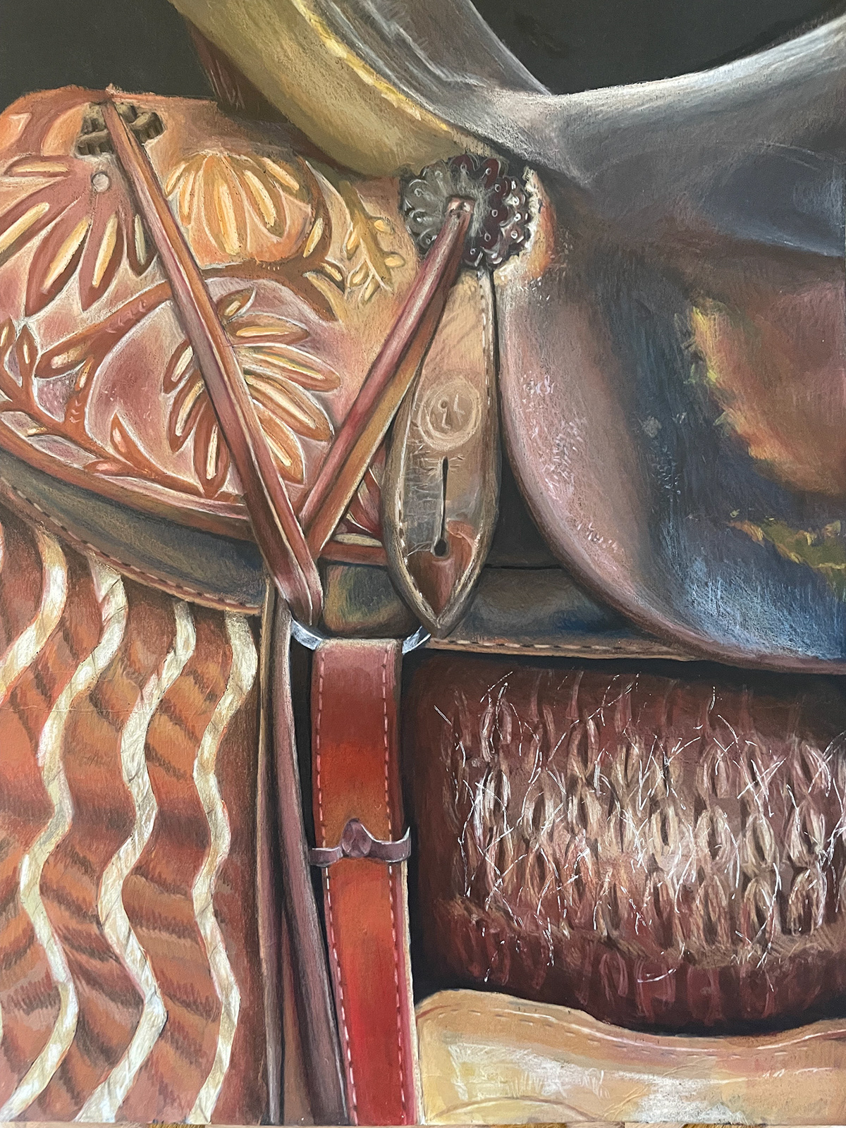 colored pencil Drawing  saddle western heirloom painting   artwork cowboy horse western art
