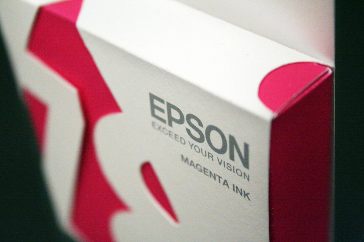package design  package epson Ali Prater ink cartridge simple clean ink die cut design graphic CMYK conceptual Innovative Unique