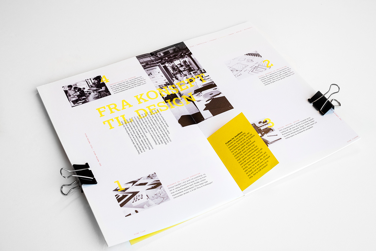 Layout print type spreads experimental westerdals magazine note editorial modern minimal yellow grid student Guide