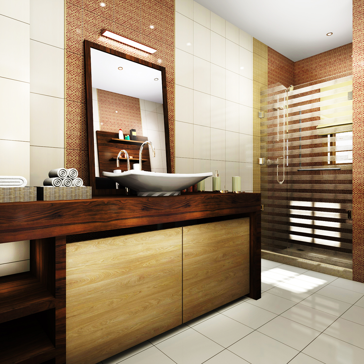 Interior bathroom kitchen changing room home spaces wood warm modern neo-classic