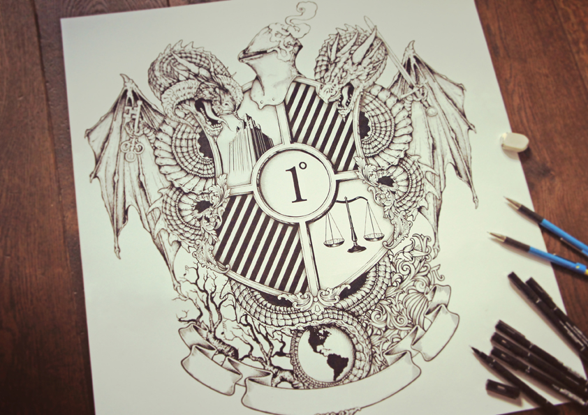 hand drawn black & white pen paper crest coat of arms dragon shield Sword key iconography wings banner ouroboros globe