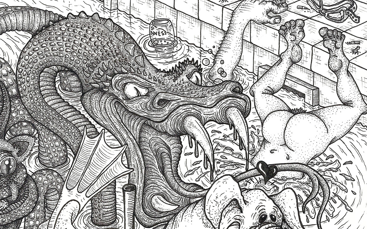 detailed ink drawing of a snake trying to eat a pig in a messy swimming pool