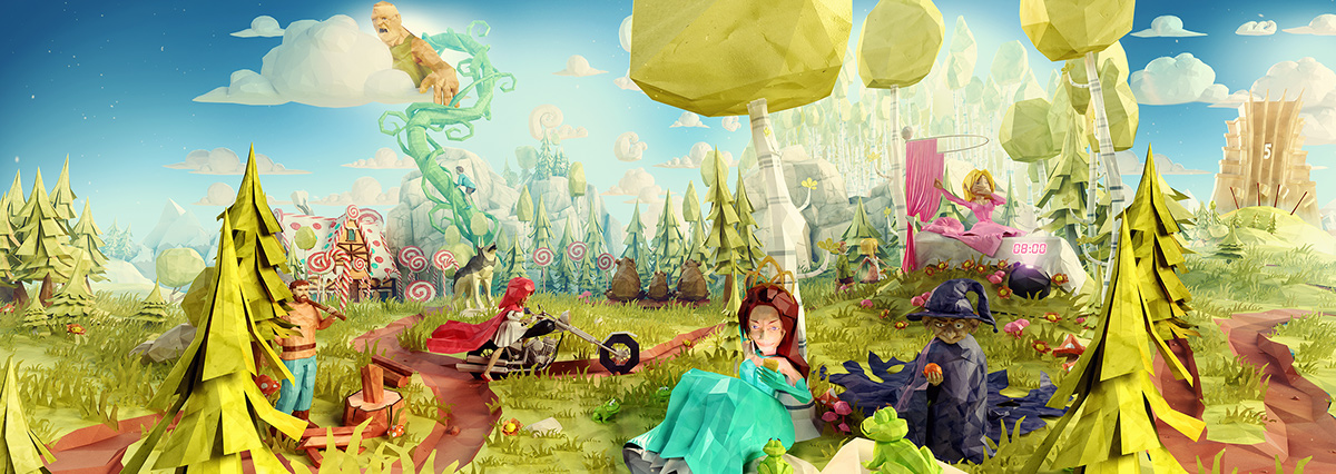 Low Poly lowpoly poly polygon polygonal fairytale face facets faceted paper Princess forest sleeping rapunzel prince