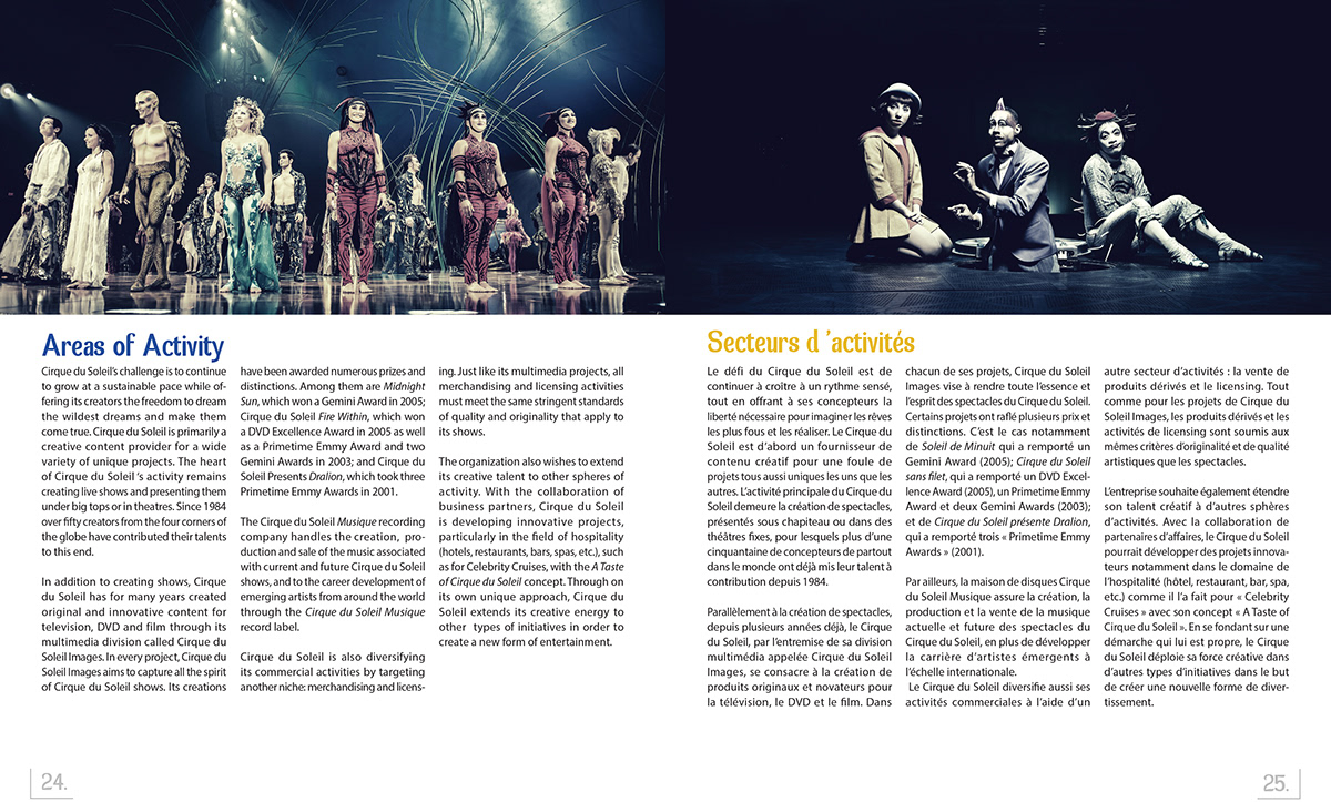 two page spread cirque du soleil annual report Charts French and English