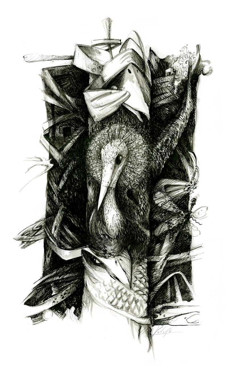 Totem birds volodja sivcevic sivtsevich волођа сивцевич ink Drawing  Vladimir Sivcevič Volođa