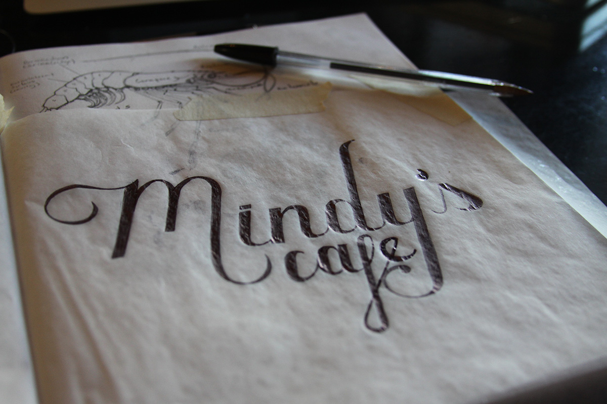 logo Mindy's Cafe shrimp HAND LETTERING